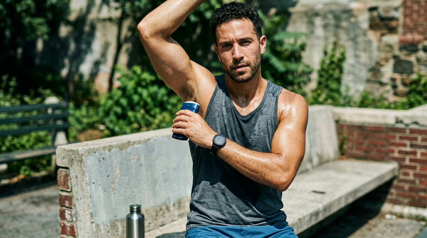 Man spraying deodorant on underarm sitting on a stone bench outdoors